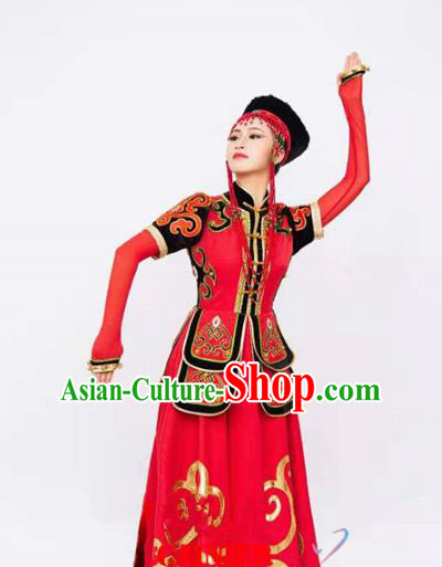 Custom Mongol Nationality Red Dress China Ethnic Woman Clothing Traditional Mongolian Minority Dance Costumes and Headwear