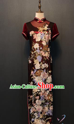Custom China Embroidered Peony Wine Red Qipao Dress Traditional Classical Velvet Cheongsam Wedding Mother Clothing