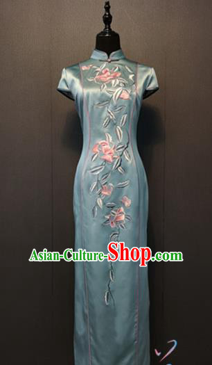 Custom Compere Clothing China Traditional Classical Cheongsam Embroidered Blue Silk Qipao Dress