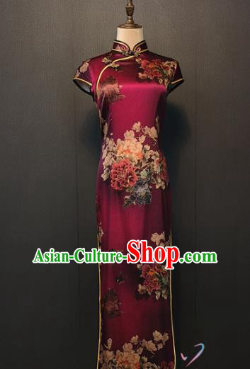 Shanghai Women Clothing Republic of China Bride Printing Peony Cheongsam Custom Classical Purple Silk Qipao Dress