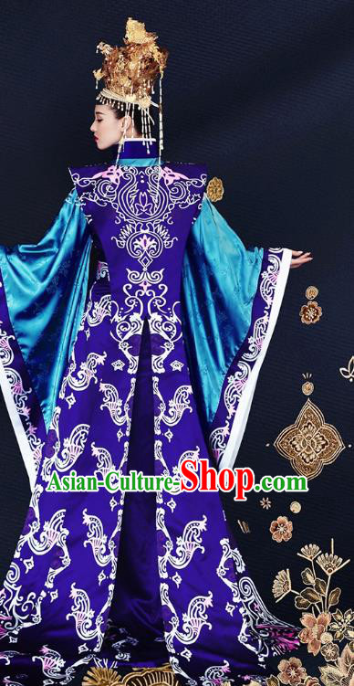 Drama Princess Weiyoung Chinese Ancient Queen Costumes Traditional Southern and Northern Dynasties Empress Blue Apparels and Headwear