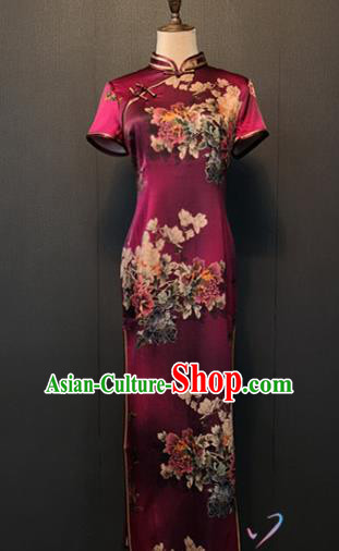 Shanghai Printing Peony Purple Silk Cheongsam Custom Classical Qipao Dress Republic of China Women Clothing
