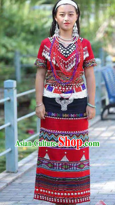 Custom China Ethnic Folk Dance Clothing Traditional Minority Women Costumes Wa Nationality Red Dress and Hair Accessories