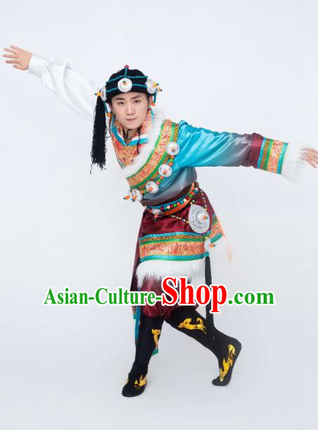 Custom China Zang Ethnic Folk Dance Clothing Traditional Minority Stage Show Costumes Tibetan Nationality Men Outfits and Headwear