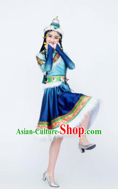 Custom China Tibetan Ethnic Clothing Traditional Minority Female Costumes Zang Nationality Folk Dance Blue Dress and Hat