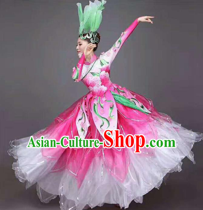 China Lotus Dance Pink Dress Traditional Modern Dance Costume Spring Festival Gala Stage Performance Clothing and Headwear