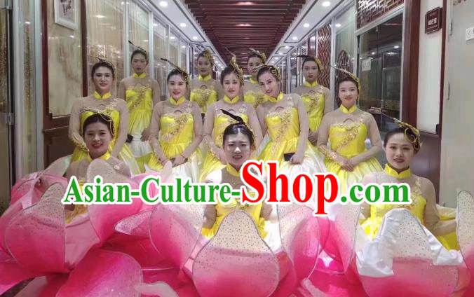 China Peony Flower Dance Pink Dress Traditional Classical Dance Costume Spring Festival Gala Opening Dance Clothing and Hair Accessories