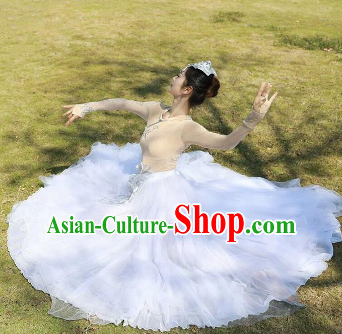 Custom China Mongolian Ethnic Clothing Traditional Minority Dance Costumes Mongol Nationality White Dress and Headpiece
