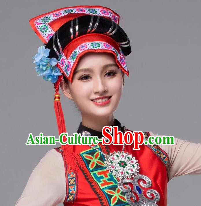Custom China Yi Ethnic Clothing Traditional Minority Bride Costumes Yi Nationality Torch Festival Blouse and Skirt and Headdress