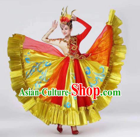China Spring Festival Gala Dance Golden Dress Traditional Dance Costume Folk Dance Performance Clothing and Headwear