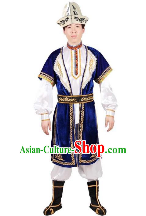 Custom China Ethnic Dance Clothing Traditional Minority Men Costumes Kazak Nationality Blue Vest Shirt Pants and Hat