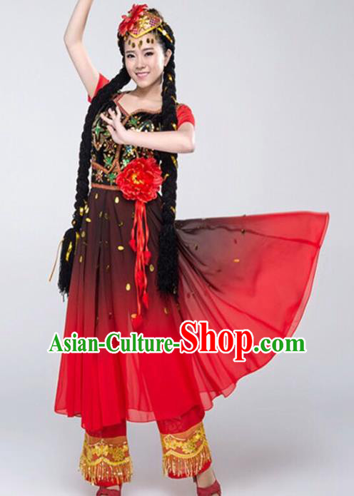 Custom China Ethnic Dance Clothing Traditional Xinjiang Minority Dress Uyghur Nationality Costumes Red Vest and Skirt and Hat