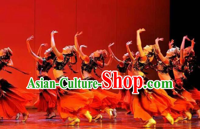Custom China Ethnic Dance Clothing Traditional Xinjiang Minority Dress Uyghur Nationality Costumes Red Vest and Skirt and Hat