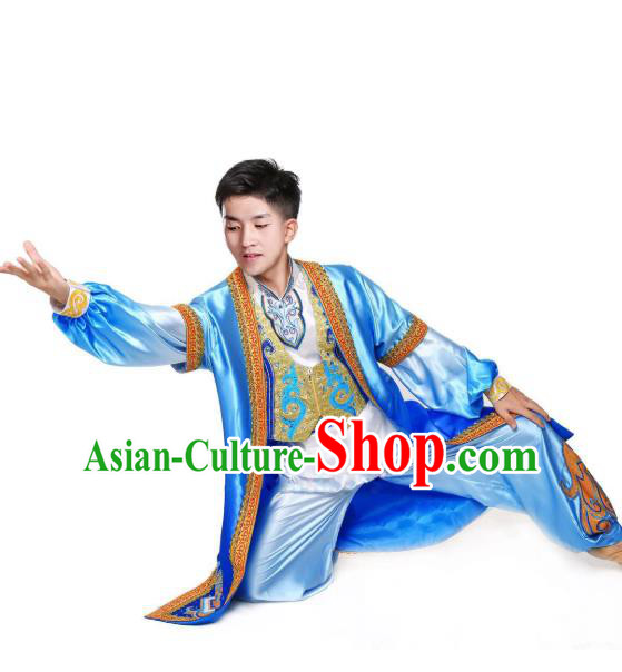Custom China Xinjiang Ethnic Dance Clothing Traditional Ozbek Minority Nationality Costumes Blue Vest Shirt and Pants