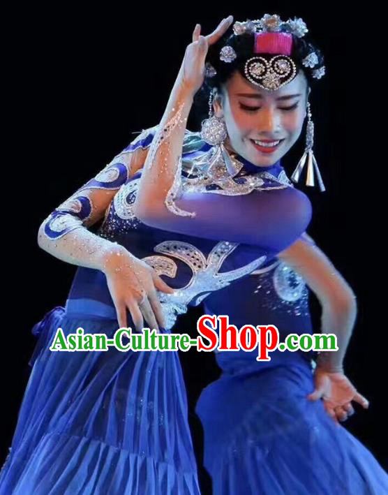 China Yi Ethnic Dance Clothing Custom Traditional Yi Minority Nationality Stage Show Costumes Blue Dress and Hair Accessories
