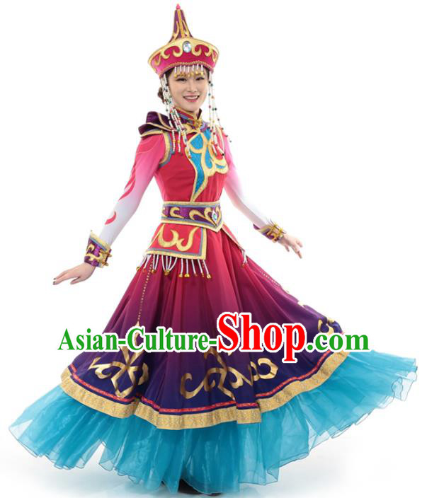 China Mongolian Ethnic Princess Dress Clothing Custom Traditional Moggol Minority Nationality Folk Dance Costumes and Hat