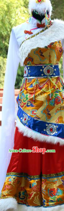China Zang Minority Ethnic Folk Dance Dress Custom Traditional Tibetan Nationality Costumes Water Sleeve Clothing and Headdress