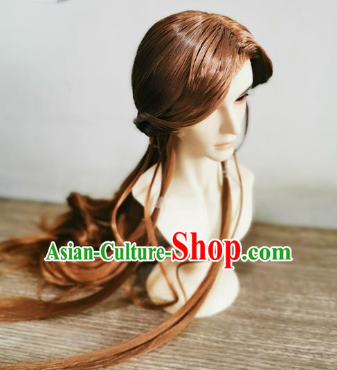 China Cosplay Swordsman Wigs Ancient Noble Childe Brown Wig Sheath Hair Accessories