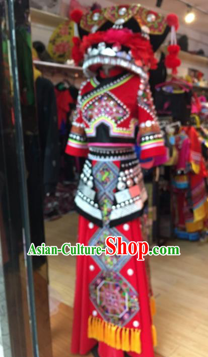 Custom China Zhuang Ethnic Clothing Traditional Minority Wedding Costumes Nationality Festival Embroidered Dress and Headdress