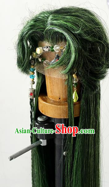 Handmade China Cosplay Lo Luo Wigs Ancient Knight BJD Swordsman Green Wig Sheath and Hair Accessories