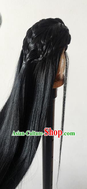Handmade China Cosplay Ancient Knight Widow Peak Wigs BJD Swordsman Black Wig Sheath