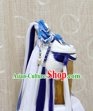 China Ancient Swordsman White Wigs Handmade Cosplay Prince Wig Sheath Stage Performance Hair Accessories