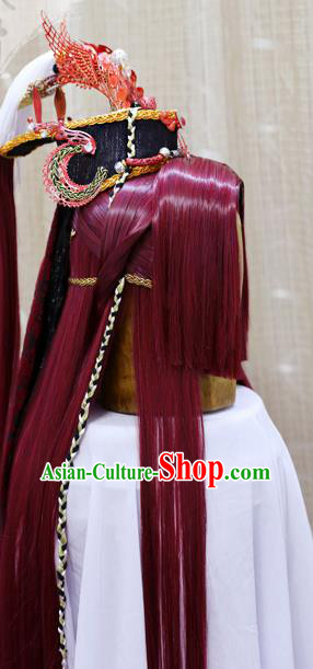 Handmade Cosplay Prince Wig Sheath China Ancient Swordsman Red Wigs Stage Performance Hair Accessories