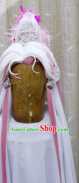 Handmade Cosplay Swordsman Pink Wig Sheath China Ancient Warrior Wigs and Hair Accessories