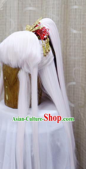 Cosplay Swordsman Ying Chuixue White Wig Sheath Handmade China Ancient Taoist Chivalrous Male Wigs and Hair Crown