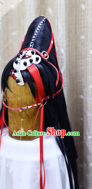 Cosplay Swordsman Blue Wig Sheath Handmade China Ancient Chivalrous King Wigs and Hair Accessories