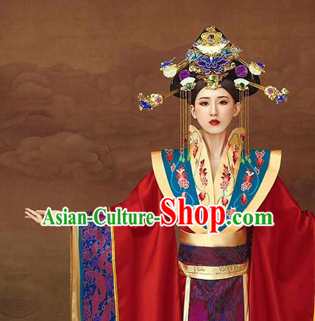 Chinese Ancient Imperial Consort Red Hanfu Dress Traditional Tang Dynasty Court Women Apparels Costumes and Headdress Complete Set