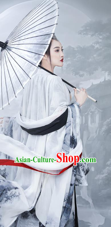 Chinese Ancient Princess Ink Painting Hanfu Dress Traditional Tang Dynasty Costumes Palace Lady Apparels and Headwear