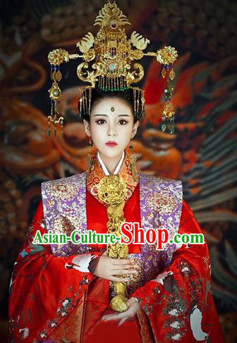 Chinese Traditional Court Consort Costumes Ancient Imperial Empress Embroidered Red Dress and Headdress