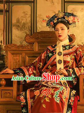 China Ancient Clothing Traditional Qing Dynasty Court Empress Costumes Royal Queen Embroidered Red Dress and Headpieces