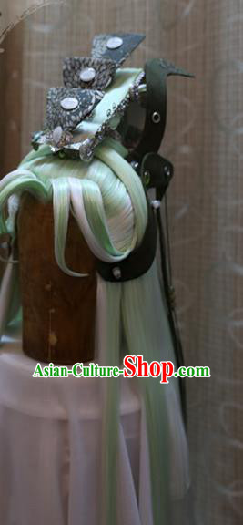 Cosplay Chivalrous Knight Mo Cangli Wig Sheath Handmade China Ancient Swordsman Light Green Wigs Style and Headpiece