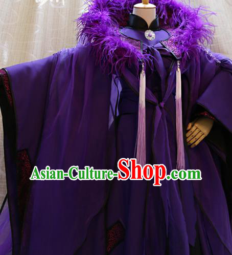 Cosplay Noble Childe Purple Costumes Custom China Ancient Swordsman Knight Feather Clothing