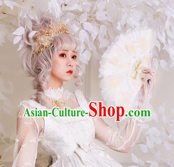 Halloween Beige Feather Folding Fans Handmade Custom Classical Bride Fan