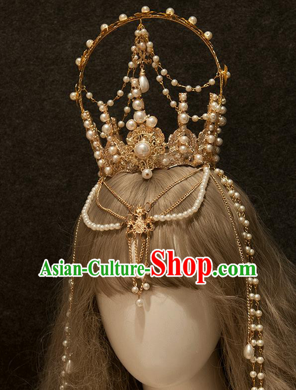Halloween Cosplay Goddess Pearls Royal Crown Handmade Tassel Hair Accessories