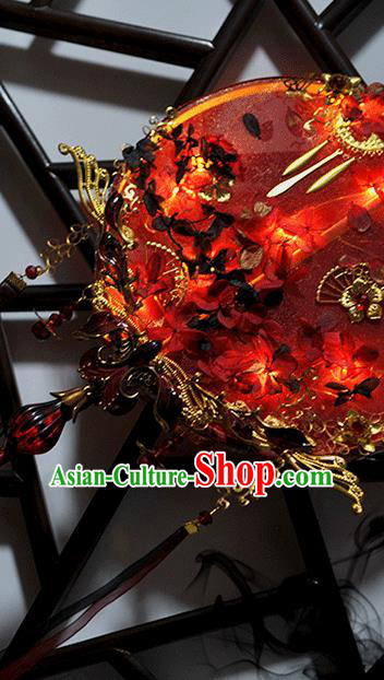 China Traditional Hanfu Fans Handmade Classical Wedding Palace Fan Red Silk Round Fan with LED Lights