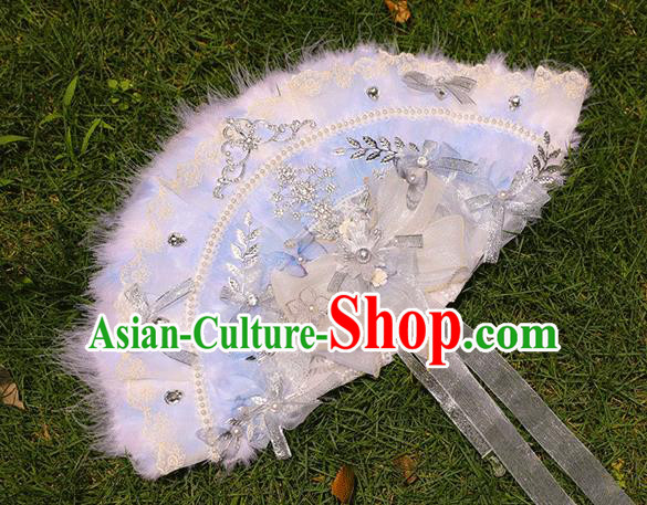 Handmade Wedding Blue Feather Folding Fans Classical Bride Fan Accordion
