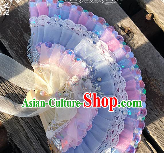 Handmade Wedding Blue Silk Folding Fans Wood Accordion Classical Bride Fan