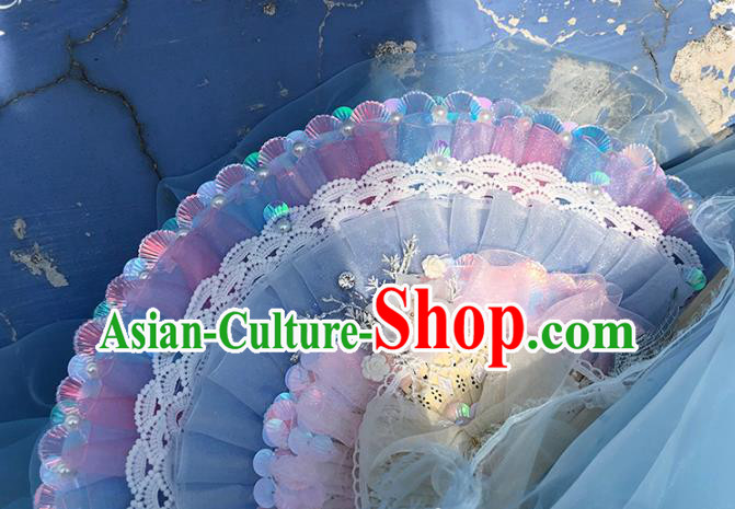 Handmade Wedding Blue Silk Folding Fans Wood Accordion Classical Bride Fan