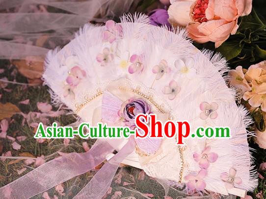 Handmade White Feather Folding Fans Wedding Accordion Classical Purple Rose Lace Fan