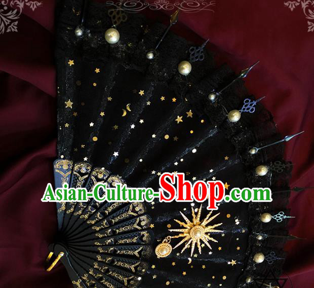 Handmade Black Lace Folding Fans Classical Gothic Princess Fan Victorian Era Hexagram Accordion