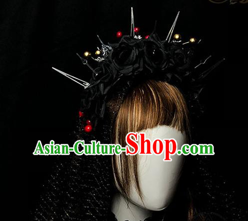 Halloween Cosplay Black Roses Royal Crown Handmade Hair Accessories Stage Show Gothic Princess Headwear