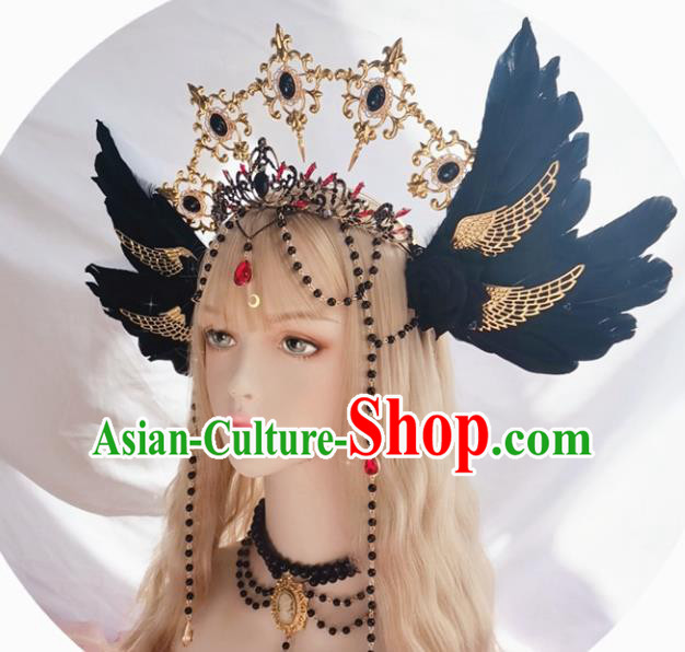 Halloween Cosplay Lolita Black Feather Royal Crown Stage Show Gothic Headwear Handmade Hair Accessories