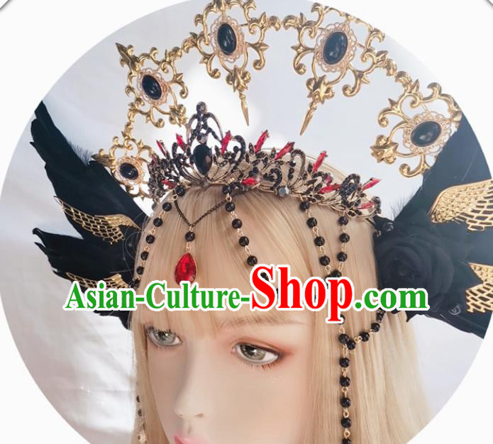 Halloween Cosplay Lolita Black Feather Royal Crown Stage Show Gothic Headwear Handmade Hair Accessories