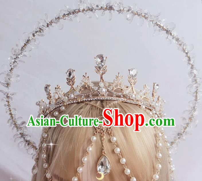 Halloween Cosplay Princess Aureole and Crystal Royal Crown Stage Show Headwear Handmade Goddess Hair Accessories