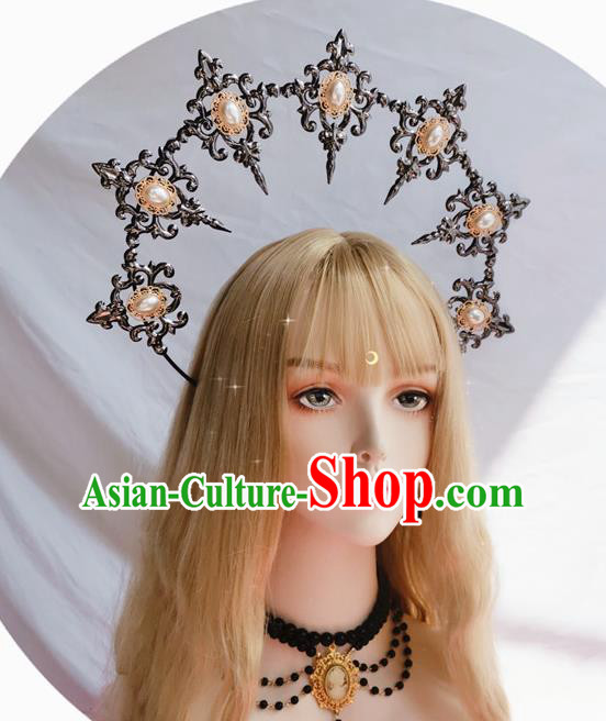 Handmade Pearls Blackl Aureole Royal Crown Halloween Stage Show Headwear Cosplay Gothic Princess Hair Accessories