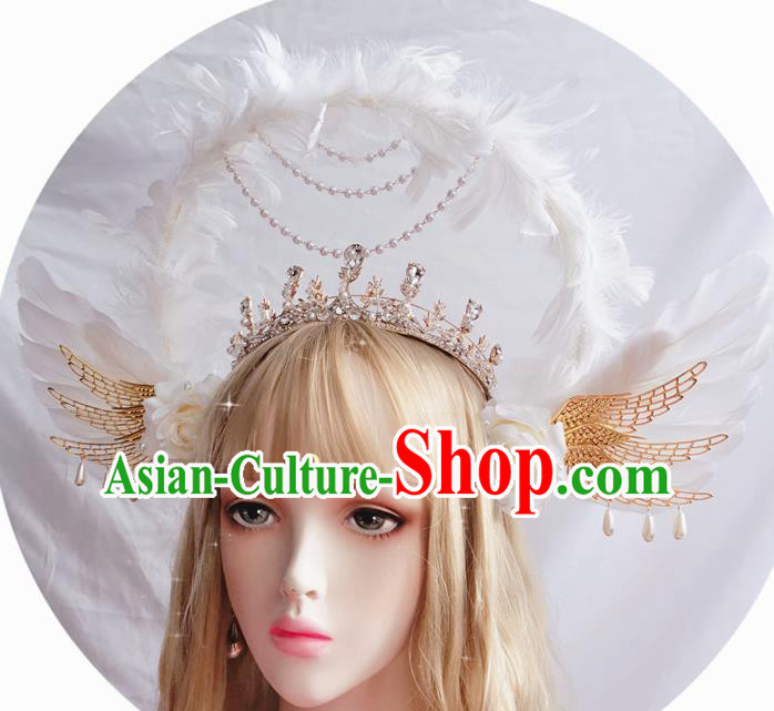 Handmade Cosplay Hair Accessories White Feather Aureole and Angel Royal Crown Halloween Stage Show Headwear